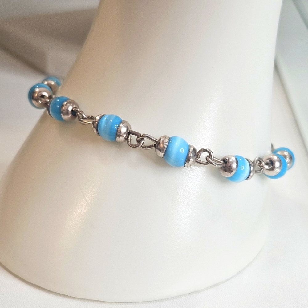 925 Mexico Blue Cats Eye Sterling Silver Bracelet 8"